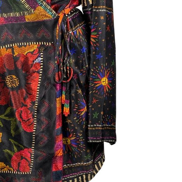 Farm Rio Black Multicolor Mixed Arabesque Scarves Long Sleeve Mini Wrap Dress M - Picture 5 of 10
